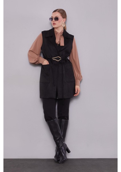 Siyah Süet Kemer Detaylı Yelek fiyatları