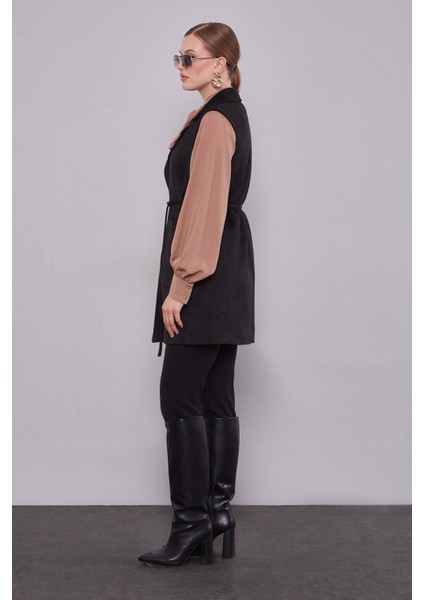 Siyah Süet Kemer Detaylı Yelek modelleri