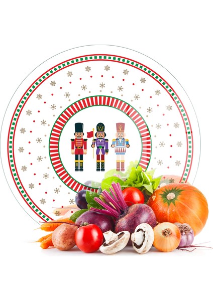 Cam Kesme Tahtası ve Sunumluk Yuvarlak Yılbaşı Fındıkkıran Desenli 30X30 cm