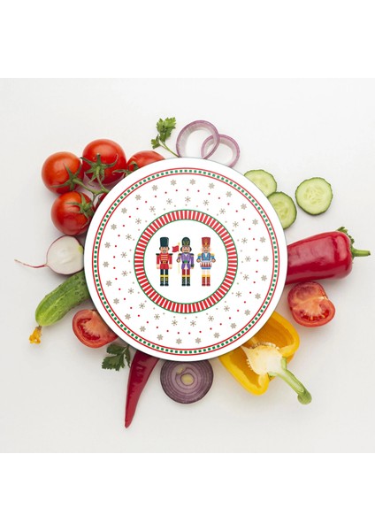 Cam Kesme Tahtası ve Sunumluk Yuvarlak Yılbaşı Fındıkkıran Desenli 30X30 cm modelleri