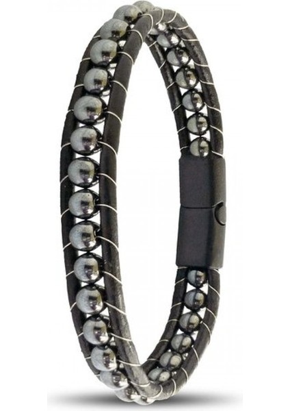 6mm Hematit Taşlı Deri Kordon ve Çelik Bileklik 9592B2D6M3