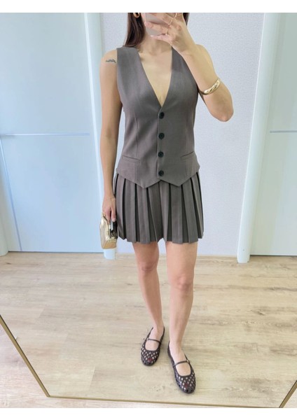 Takım Görünümlu Yelekli Mini Elbise- Füme