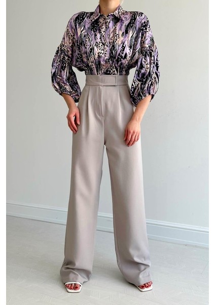 Beli Lastikli Saten Gömlek - Lila