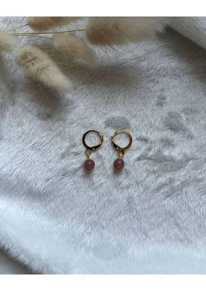 Çilek Kuvars Taşı Altın Kaplama Halka Küpe