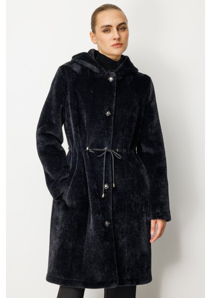 Kadın Beli Ipli Peluş Kaban 6077 Siyah