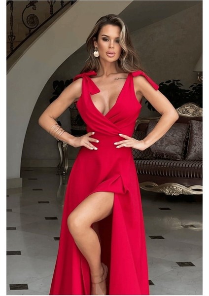 Kadın Askılı Omuzdan Bağlamalı Kruvaze Yakalı Uzun Yırtmaçlı Janjan Krep Elbise fırsatları