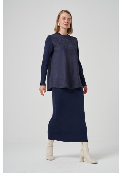 3004 Çiçek Işlemeli Kolları Triko Nubuk Tunik fiyatları