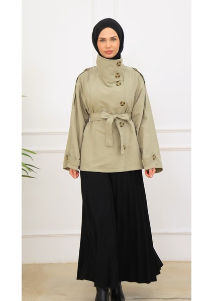 Kadın Kısa Trençkot Biker Tarz