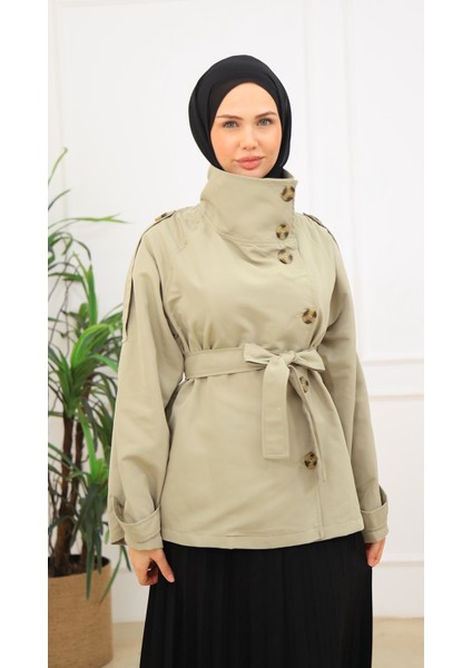 Kadın Kısa Trençkot Biker Tarz