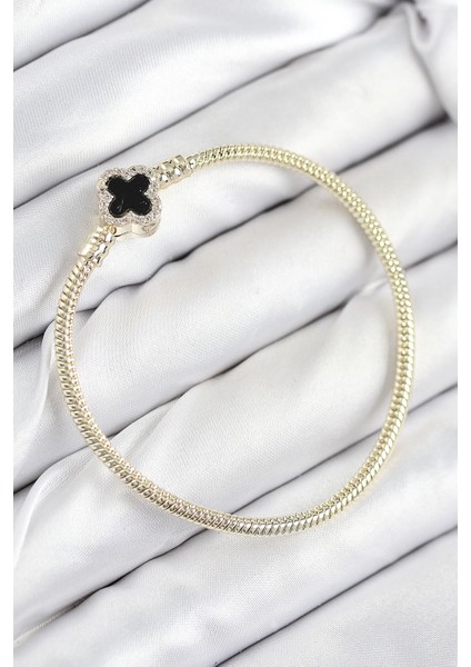 Pirinç Charm Zirkon Taşlı Yonca Model Gold Renk Kadın Bileklik