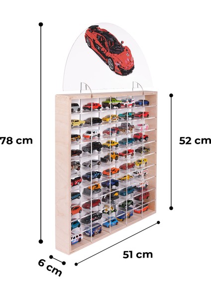50'li Ahşap Oyuncak Araba Rafı, Duvara Asılabilen Pleksi Raflı Hobi Araba Düzenleyici 50X6X51 modelleri