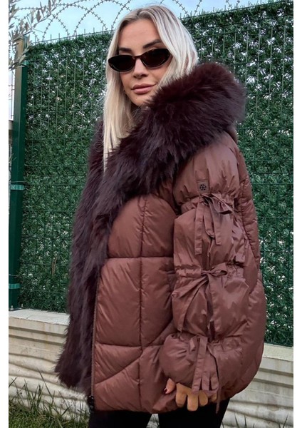 Yakası Kürklü Acı Kahve Kadın Şişme Mont fiyatları