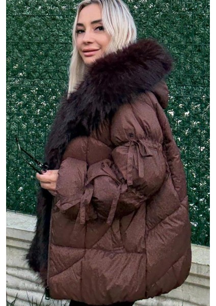 Yakası Kürklü Acı Kahve Kadın Şişme Mont modelleri