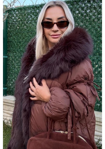 Yakası Kürklü Acı Kahve Kadın Şişme Mont fırsatları