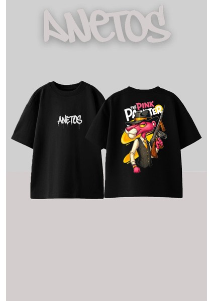 Pink Panter 3 Tasarım Sırt Baskılı Pamuk Siyah Oversize T-Shirt
