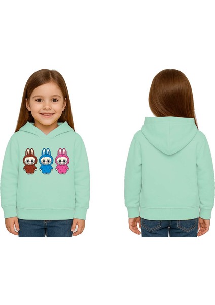 Unisex Baskılı Çocuk Swaetshirt Labubu Baskılı Kapüşonlu 3 Iplik Şardonlu