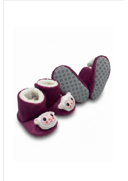 Mor Ayıcık Bebek & Çocuk Ev Botu | Sıcak Tutan Peluş Panduf, Yumuşak ve Esnek Tasarım