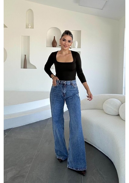 Denim Lazer Tasarım Palazzo Pantolon Buz Mavi