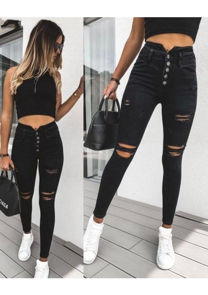 Kadın 5 Düğmeli V Detay Bel Yırtık Kot