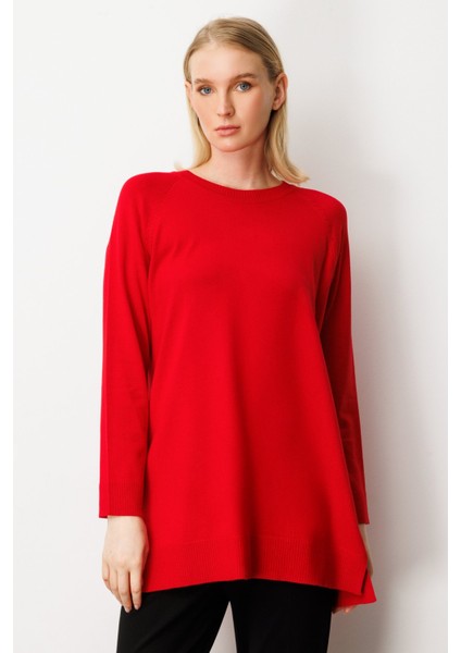 Kadın Arkası Düğmeli Sıfır Yaka Kazak 65413 Kırmızı
