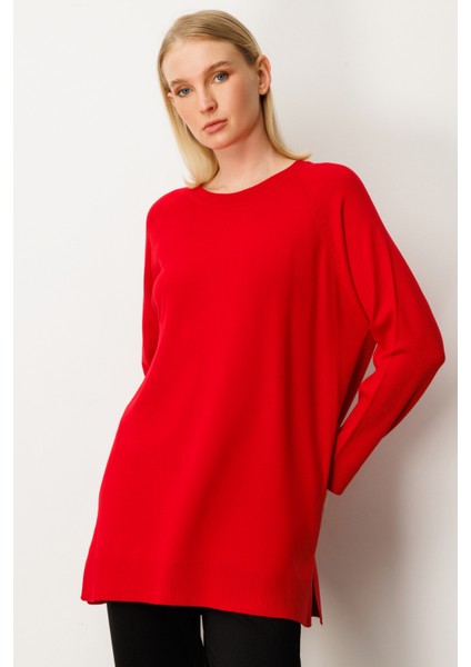Kadın Arkası Düğmeli Sıfır Yaka Kazak 65413 Kırmızı fiyatları
