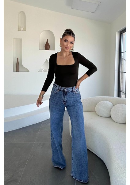 Denim Lazer Tasarım Palazzo Pantolon Buz Mavi modelleri