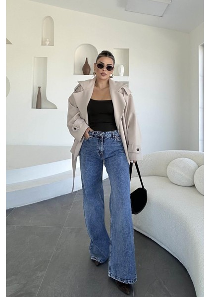 Denim Lazer Tasarım Palazzo Pantolon Buz Mavi fırsatları