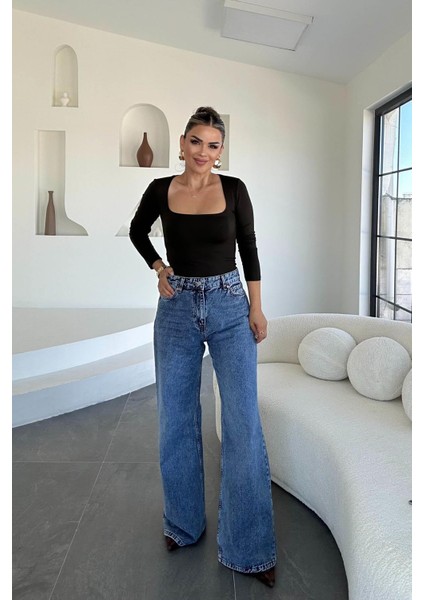 Denim Lazer Tasarım Palazzo Pantolon Buz Mavi indirimleri