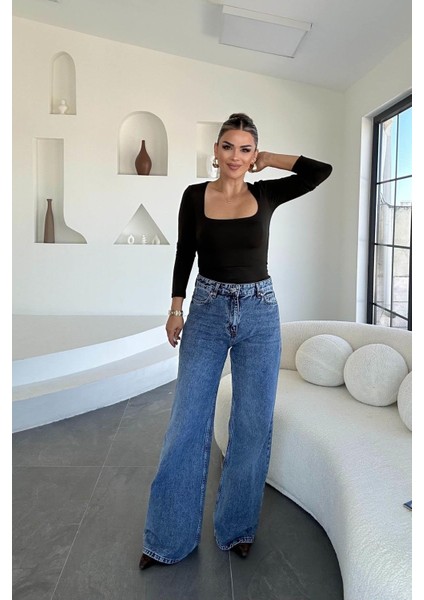 Denim Lazer Tasarım Palazzo Pantolon Buz Mavi