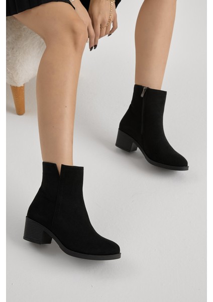 Kadın Siyah Süet Termo Taban Fermuarlı Topuklu Bot