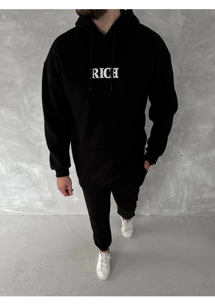 Uzun Kol Kapşonlu Göğüs Baskılı Sweatshirt - Siyah