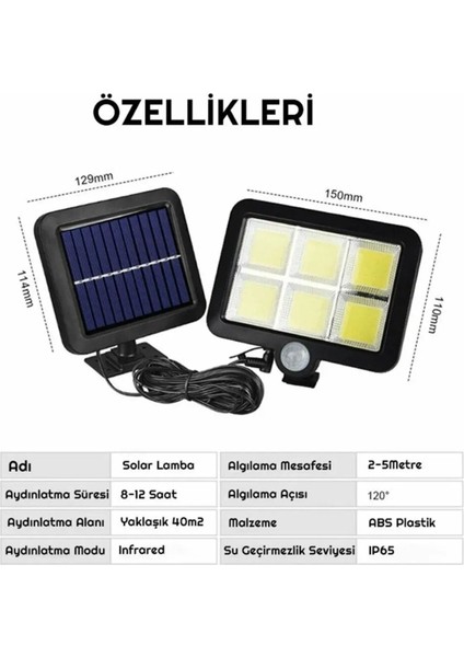 120 Cob LED 4,70 Metre Kablolu Solar Panel Güneş Enerjili 3 Mod Duvar Lambası