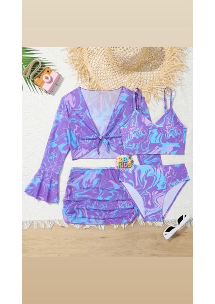 Mayo Bikini Takımı Etek Büstiyer Renkli Mor Renk Genç Kız Çocuk Plaj Giyim