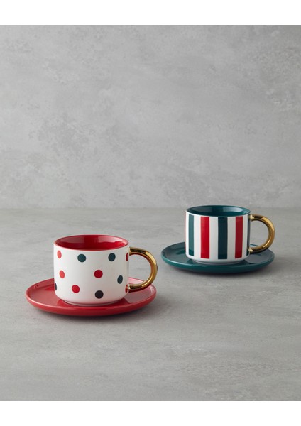Holiday Cheer New Bone China 4 Parça 2 Kişilik Çay Fincanı Takımı 200 ml Kırmızı-Yeşil-Gold