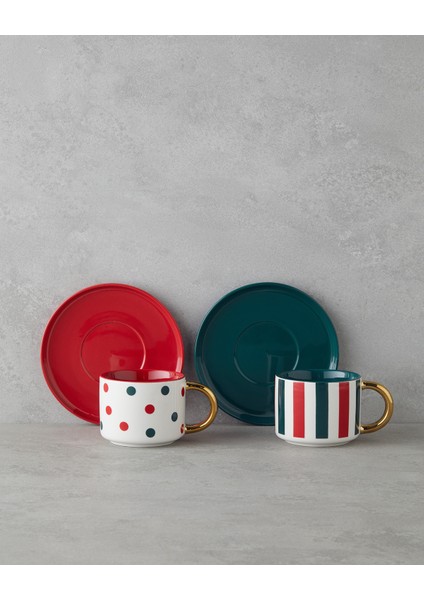 Holiday Cheer New Bone China 4 Parça 2 Kişilik Çay Fincanı Takımı 200 ml Kırmızı-Yeşil-Gold fiyatları