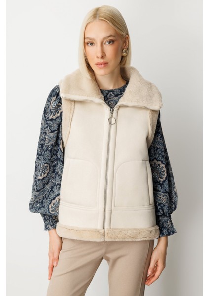Kadın Içi Peluşlu Güderi Yelek 8501 Kum