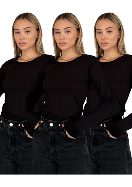 Kadın Uzun Kollu Bisiklet Yaka Penye Body 3'lü Set