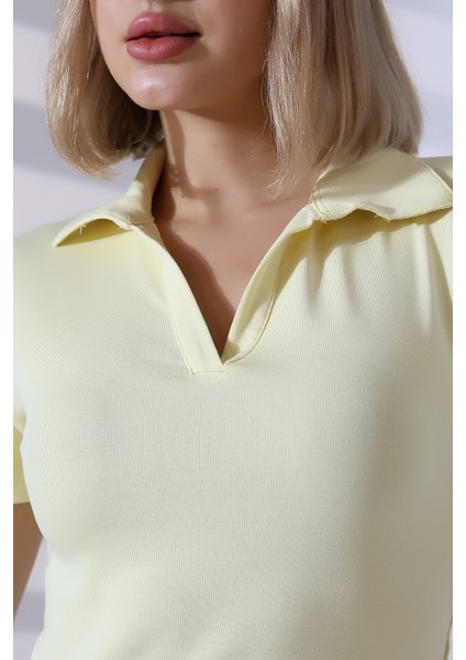 Relax Fit Rahat Kesim Pamuklu Ribana Gömlek Yaka Kısa Kol Basic Kadın Tshirt 22023 Açık Sarı fiyatları