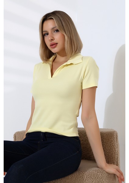 Relax Fit Rahat Kesim Pamuklu Ribana Gömlek Yaka Kısa Kol Basic Kadın Tshirt 22023 Açık Sarı modelleri
