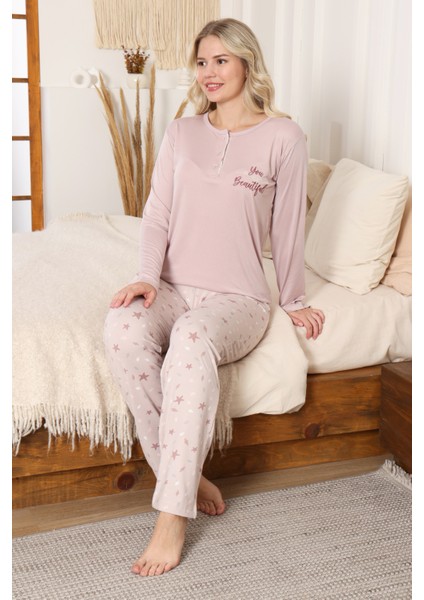 Kadın %100 Pamuk Pijama Takımı - Baskılı - 3 Düğmeli -12355