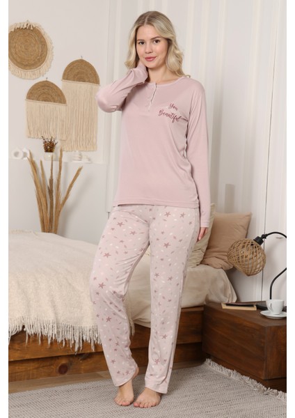 Kadın %100 Pamuk Pijama Takımı - Baskılı - 3 Düğmeli -12355 modelleri
