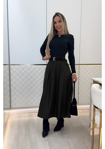 Kadın Yüksek Belli Maxi Deri Kemersiz Etek modelleri