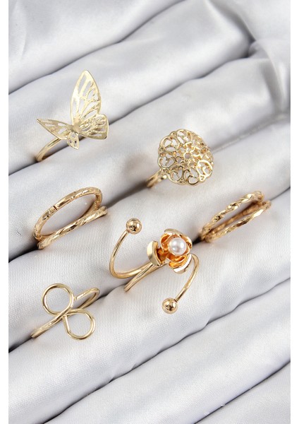 Pirinç Gül Kelebek Model Gümüş Renk Kadın Yüzük Kombin Set - TJ-BYK3811