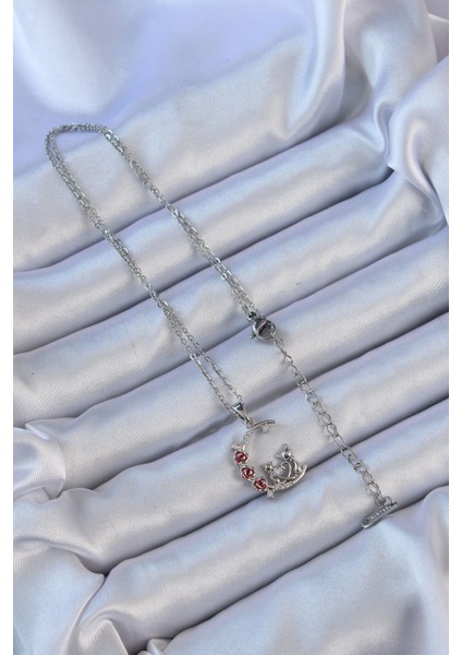 316L Çelik Zincir Gümüş Renk Kırmızı Gül Detay Kedi Figür Zirkon Taşlı Ay Kolye - TJ-BKO9130 fiyatları