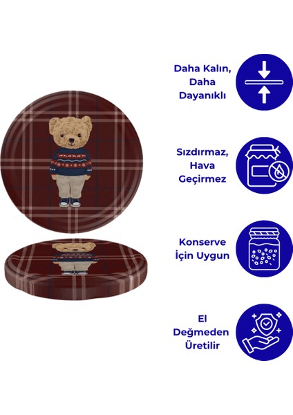 Hijyenik Paketli 10 Adet Kavanoz Kapağı – Yılbaşı Seri – Ekose Teddy Kırmızı 82 mm modelleri