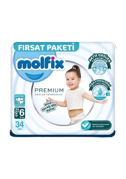 bulurum molfix premium bebek bezi fırsat paketi 6 beden 15+ kg 34 adet