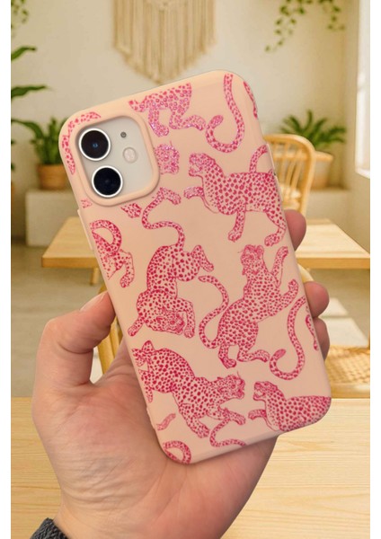 iPhone 11 Uyumlu Pembe Leopar Desenli Silikon Darbe Emici Klasik Korumalı Rubber Kılıf 277