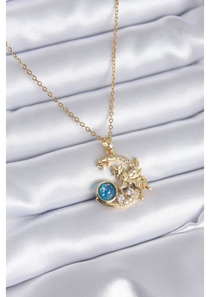 316L Çelik Gold Renk Hilal Ay Tek Boynuzlu At Model Zirkon Taş Detay Kadın Kolye - TJ-BKO7779