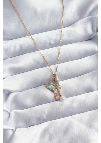 316L Çelik Zincir Gold Karışık Renk Zirkon Taşlı Kelebek Figür Inci Kadın Kolye - TJ-BKO8048