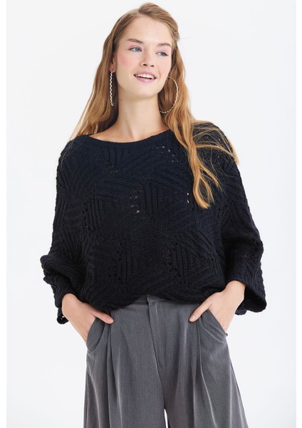 Oversize Örme Desenli Triko Kazak Siyah